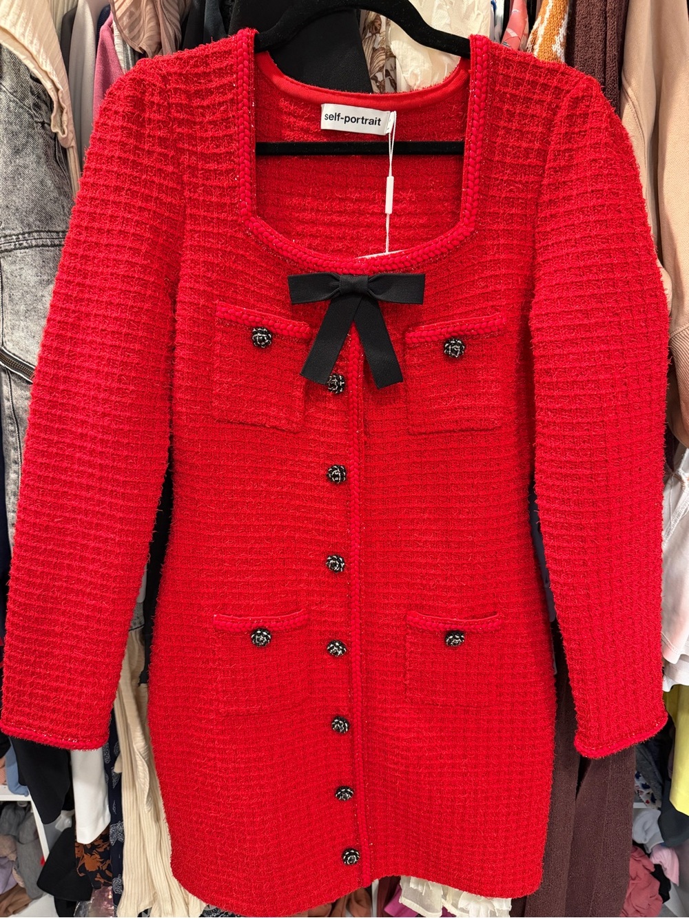 Self-Portrait Red Textured Knit Mini Dress with Black Bow ASO Georgia